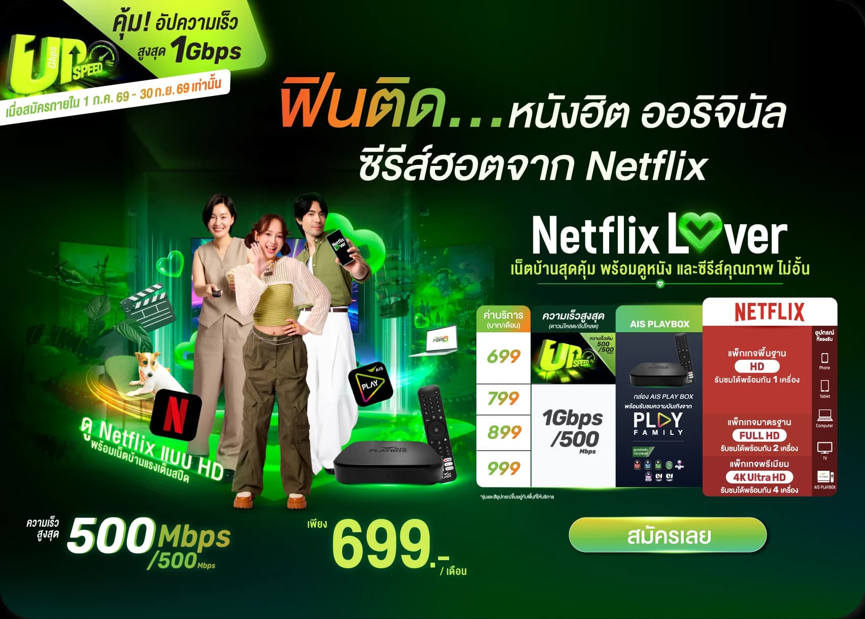 โปรอัปสปีดฟรี 1 Gbps แพ็กเกจ Netflix Lover เน็ตบ้าน 500/500 Mbps เริ่มต้น 699 บาท พร้อม Netflix และกล่อง AIS PLAY BOX